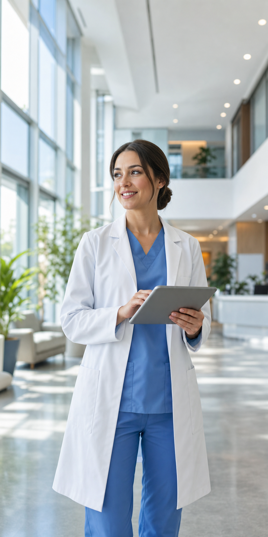 Doctor holding a tablet in a modern clinic lobby